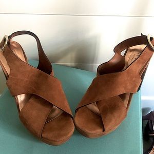 LIKE NEW* Ted Baker Caramel Brown Suede Crossover Strap Heeled Sandals sz 39